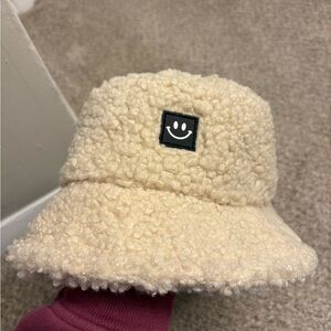 Cream Sherpa Bucket Hat with Smiley Patch